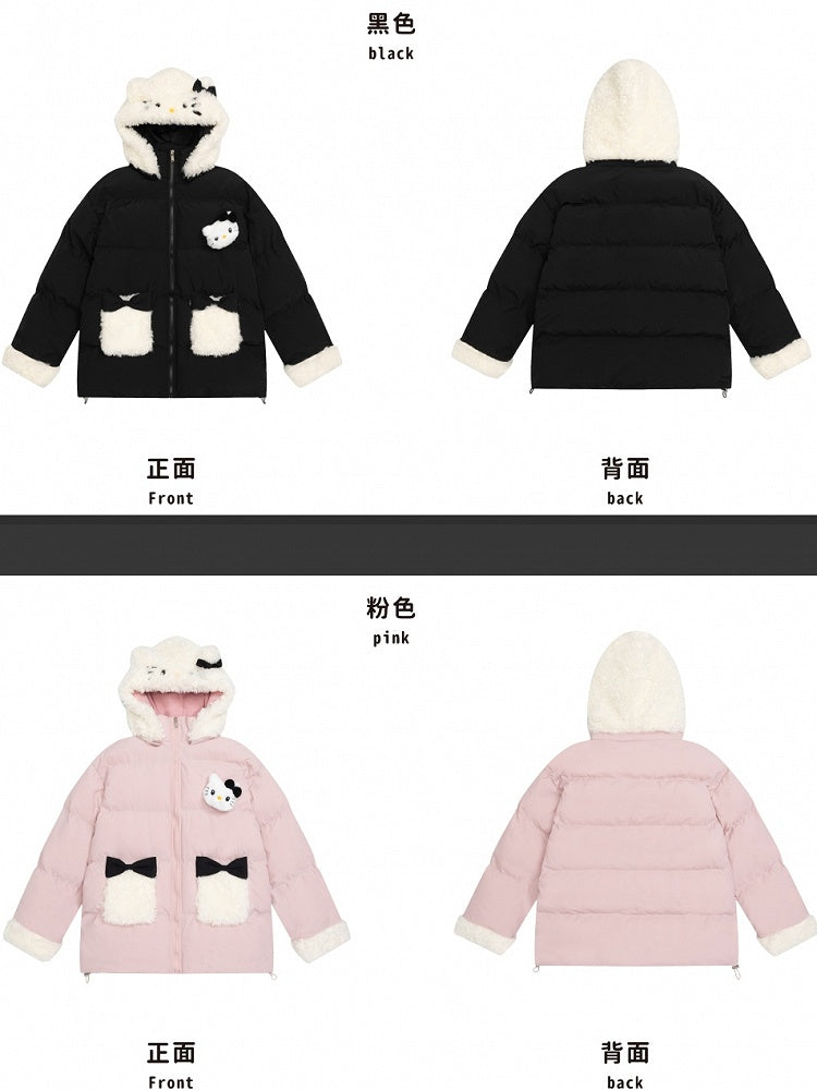 Pink/Black Kitty Adorned Hooded Puffer Jacket Plush Cuffs