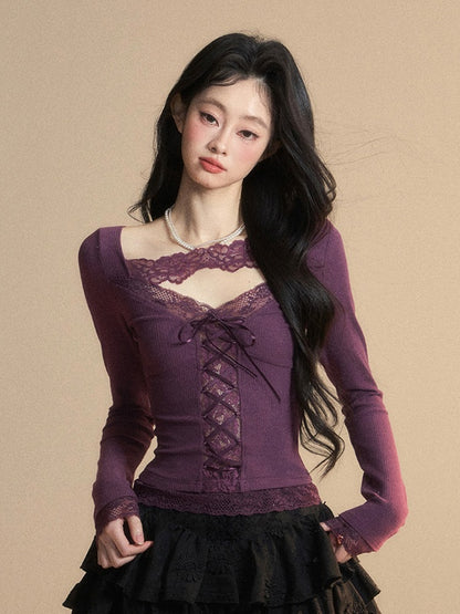 Glamorous Top with Lace-up Purple V-Neck Contrast Lace Patches Detail Front at