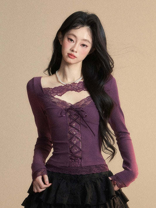 Glamorous Top with Lace-up Purple V-Neck Contrast Lace Patches Detail Front at