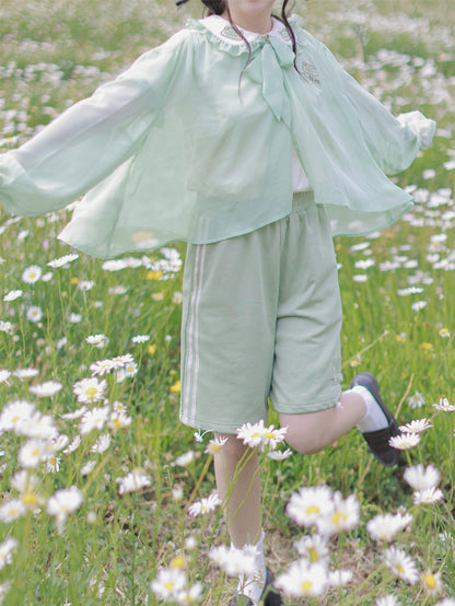Semi-sheer Frog Hood Sun Protection Top Light Green Chiffon