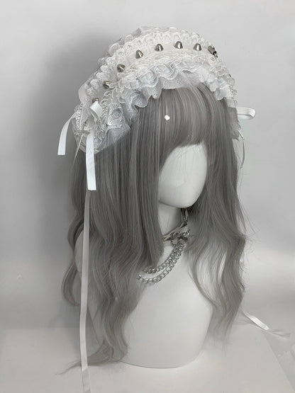 Jirai Kei Black/White Ruffled Lace Cross Studded Hairband