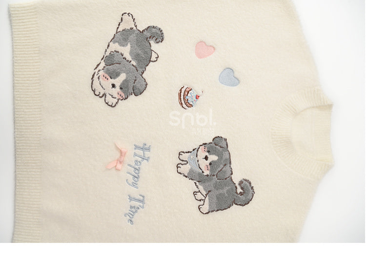 White Cute Puppies Pattern Round Neck Loose Sweater
