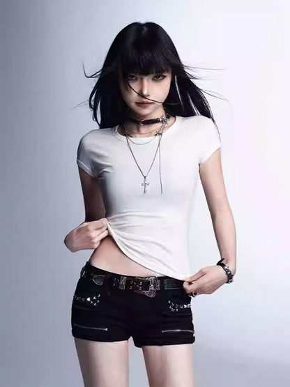Shorts with Detail Black Low Waist Studded Glamorous Zippers