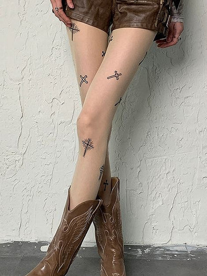Tights Print Fashion Gyaru Cross Y2K Punk Nude Wasteland