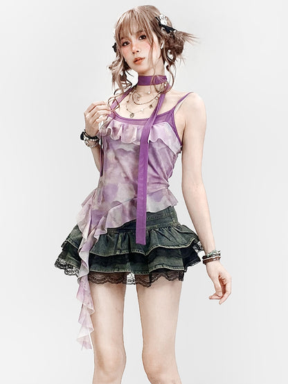 Purple Hem Asymmetrical Ruffles Top Design Dye + Tie Cami Scarf Y2K Trim