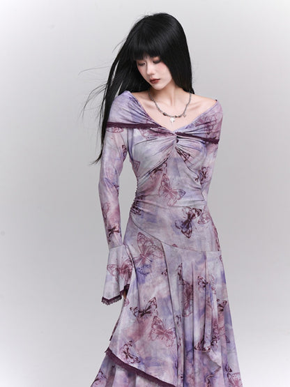 Robe à épaules dénudées et imprimé papillons violet/gris foncé/abricot