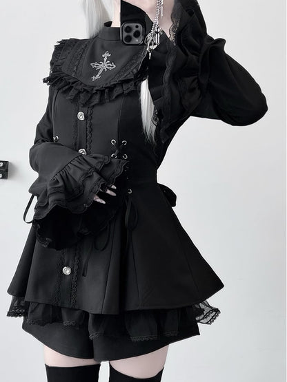 Matching Set: Sleeve Waist Shorts Bell Detachable Coord Tie Bow Lace-Up with Bib Jirai Kei Dress Black