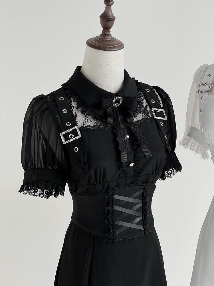 Illusion Black Neckline Dress Free Corset Jirai Buckle with Belt Adorned Kei Long