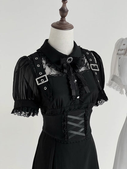 Illusion Black Neckline Dress Free Corset Jirai Buckle with Belt Adorned Kei Long