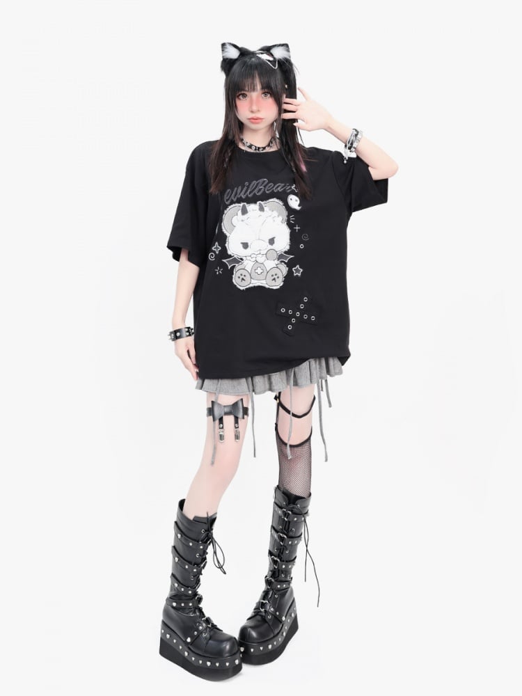 Black Evil Kitty Print T-shirt