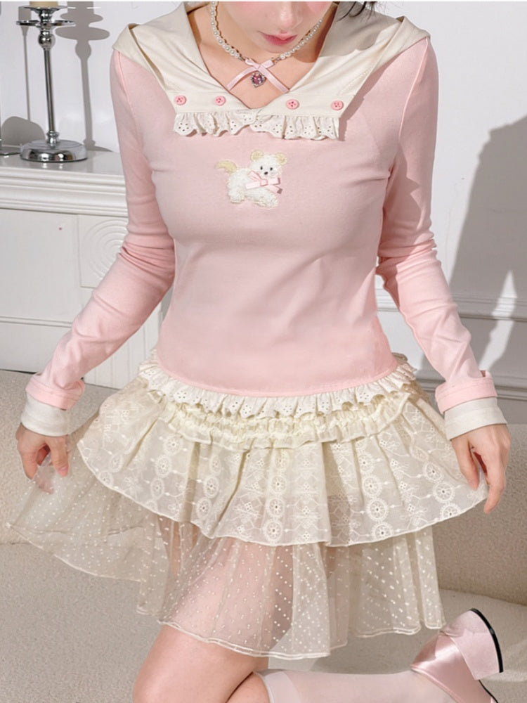 Pink Plush Puppy Pattern Ruffled Lace Trim Slim-fitting Top