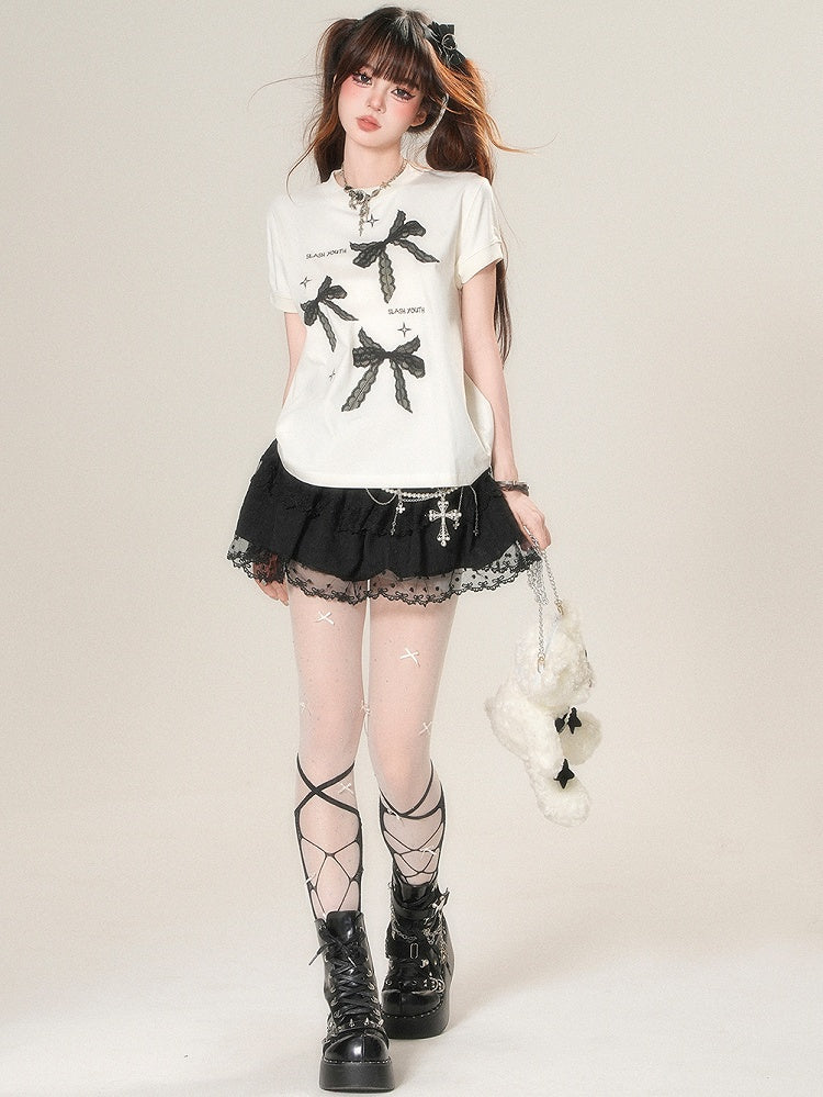 White/Black Daily Print Bowknot Kawaii T-shirt
