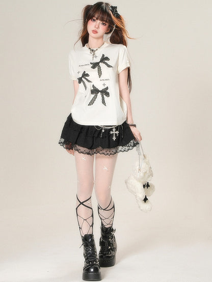 White/Black Daily Print Bowknot Kawaii T-shirt