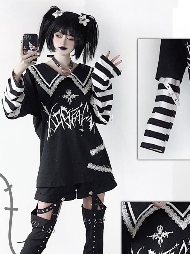 with in Sleeves Purple Pointed Black Top Graphic Contrast Striped White / Sailor Collar