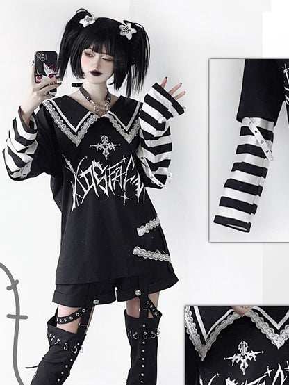 with in Sleeves Purple Pointed Black Top Graphic Contrast Striped White / Sailor Collar