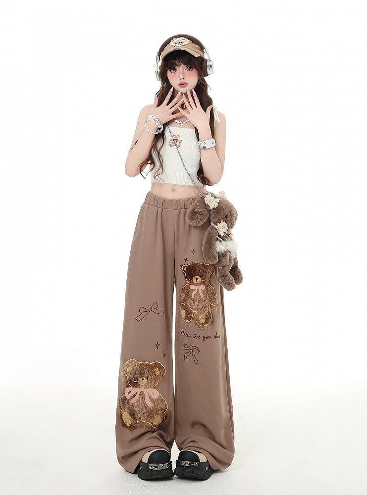 Coffee/Gray Plush Teddy Bear Applique Straight-Leg Pants