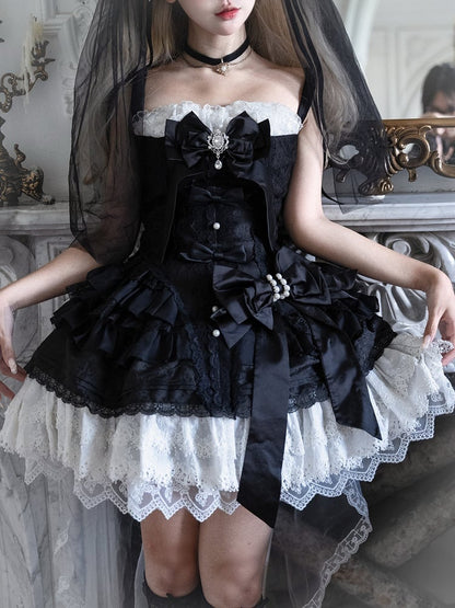 Bows White Dress Black Decorated Gothic Skirt Lolita Tiered and
