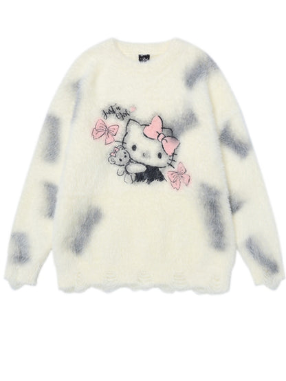 Milk White Kitty Graphic Distress Trim Loose Sweater