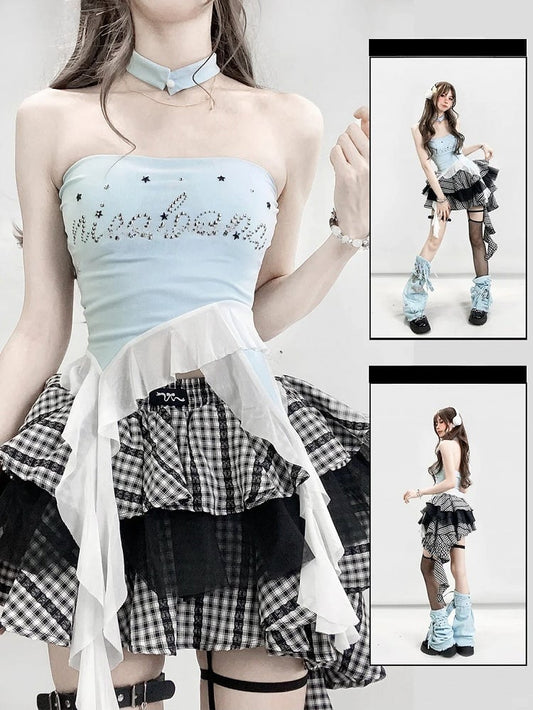Top Hem Tube Rhinestone Decorated Letter Glamorous Y2K Blue Asymmetrical