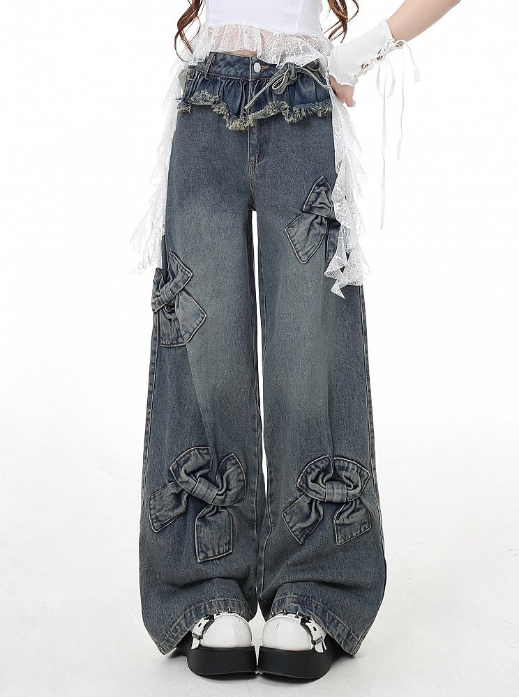 Blue Big Bows Raw Hem Wide-Leg Jeans