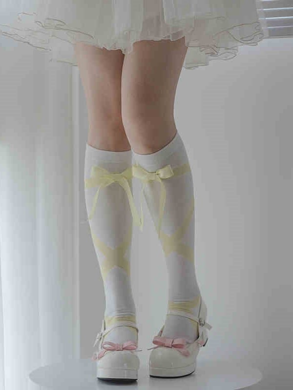 Ribbons Print and Bowknot Knee-Length Stockings