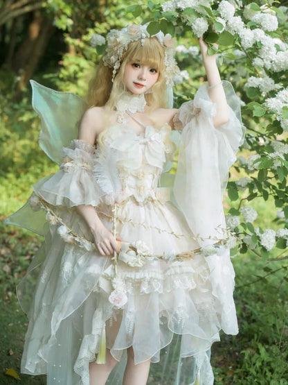 Lolita Fairycore Dress JSK Beige Full Design Princess and Set Butterfly Floral