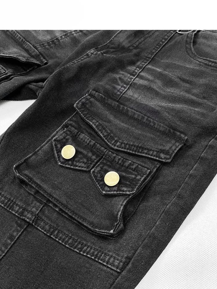 Silhouette Jeans With Multiple Pocket Accents Waist Flare Kawaii Black Glamorous Bittersweet Low