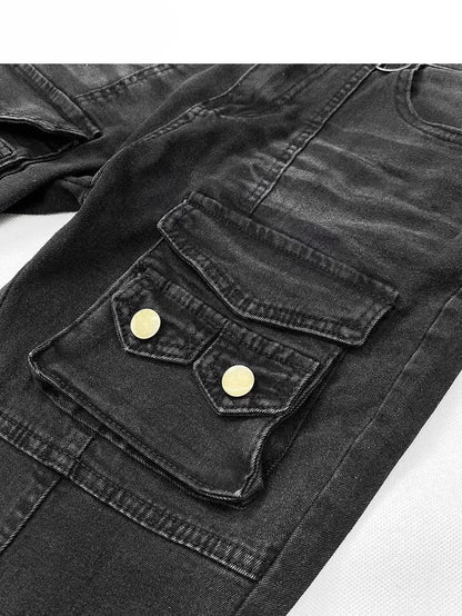 Silhouette Jeans With Multiple Pocket Accents Waist Flare Kawaii Black Glamorous Bittersweet Low