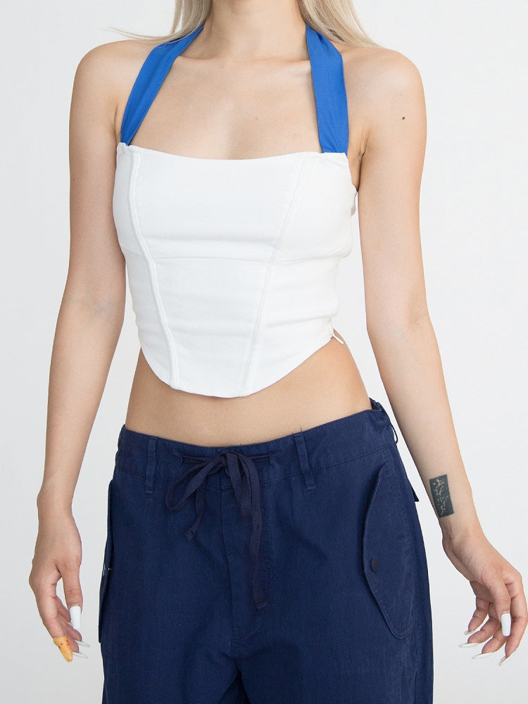 White Curved Hem Glamorous Sleeveless Top Blue Self-Tie Straps