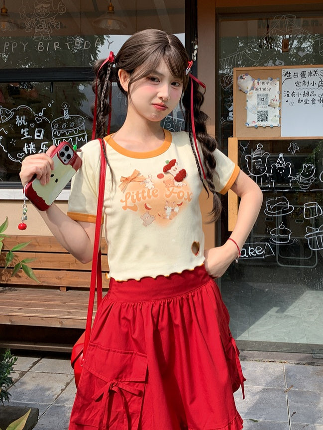 Yellow Cartoon Animal Print Heart Cutout Short Version T-Shirt with Apple Brooch