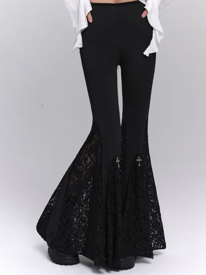Gothic Black Cross Lace Flared Pants