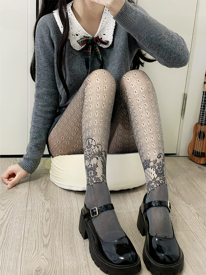 Black Y2K Floral Pattern Hollow-out Tights