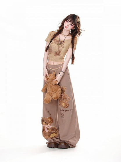 Brown Plush Teddy Bear Bowknots Detail Loose Wide-Leg Pants