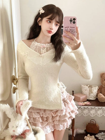 Sweater With Bow Accents and Playful Ribbon Detail White Lace-Trimmed V-Neck Knit