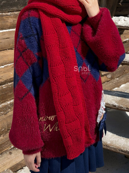 Snow White Princess Red Diamond Pattern Mohair Loose Sweater