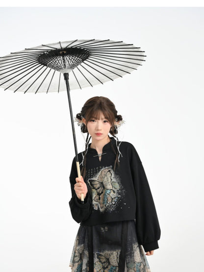 Banded Sweatshirt Collar Butterfly Style Cheongsam Print Black/Apricot