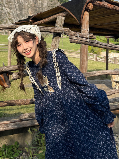 Dark Blue Floral Ruffle Neckline Mori Kei Floral Dress