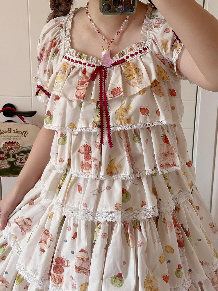Short Parfait Fruit Top Sleeves Summer Print Cream