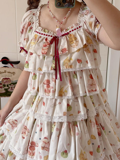 Short Parfait Fruit Top Sleeves Summer Print Cream