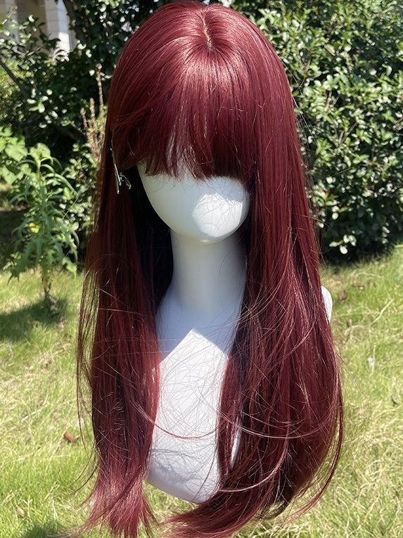 Raspberry Red Long Straight Synthetic Wig With Bangs