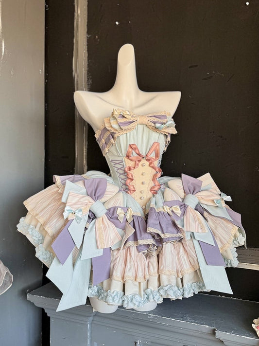 Purple Bowknots Skirt Big Lace-up Basque Waist Tiered Ruffle Sweet Lolita Dress and with Blue on