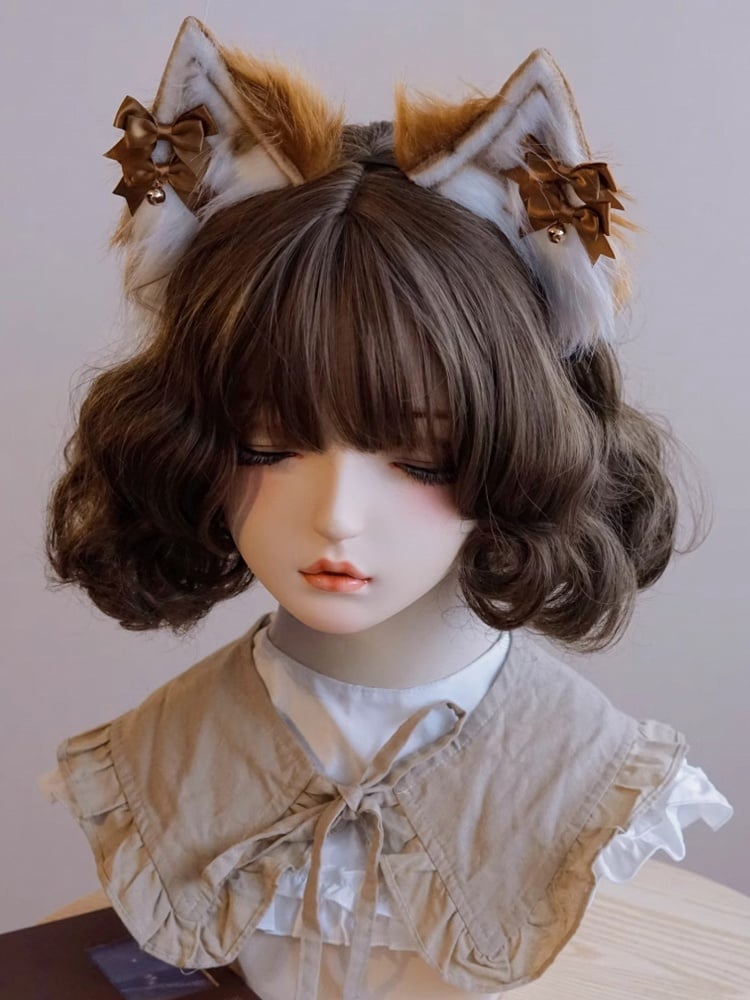 Bowknot Charm Ear Plush Brown Details Bell Cat KC