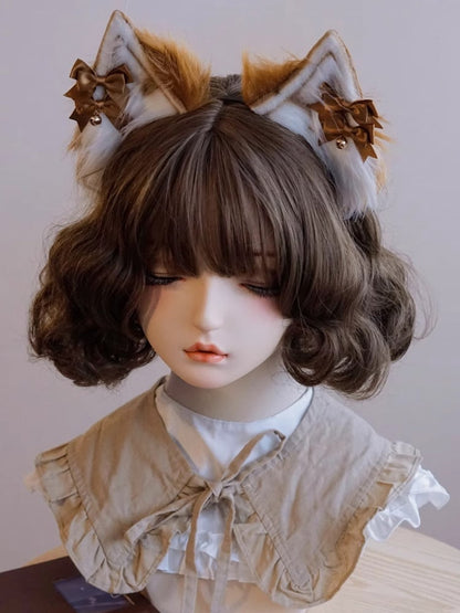 Bowknot Charm Ear Plush Brown Details Bell Cat KC