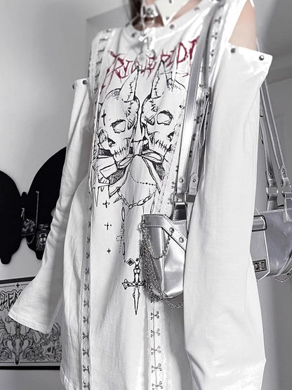 Punk And Shoulder Skeleton Letter Top Long Cutout White Emo Print Sleeves
