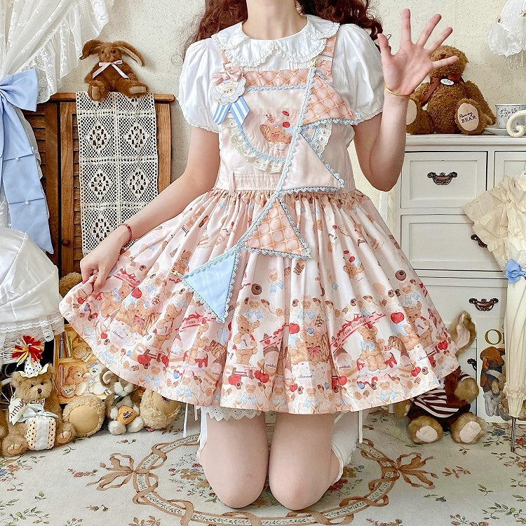 Beige Sweet Teddy Bear and Dessert Lolita Overall Dress