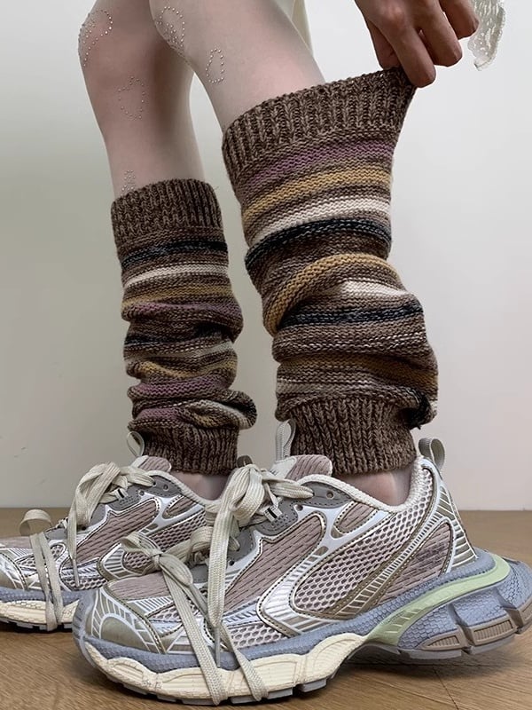 Brown Y2K Striped Pattern Knitted Leg Warmers