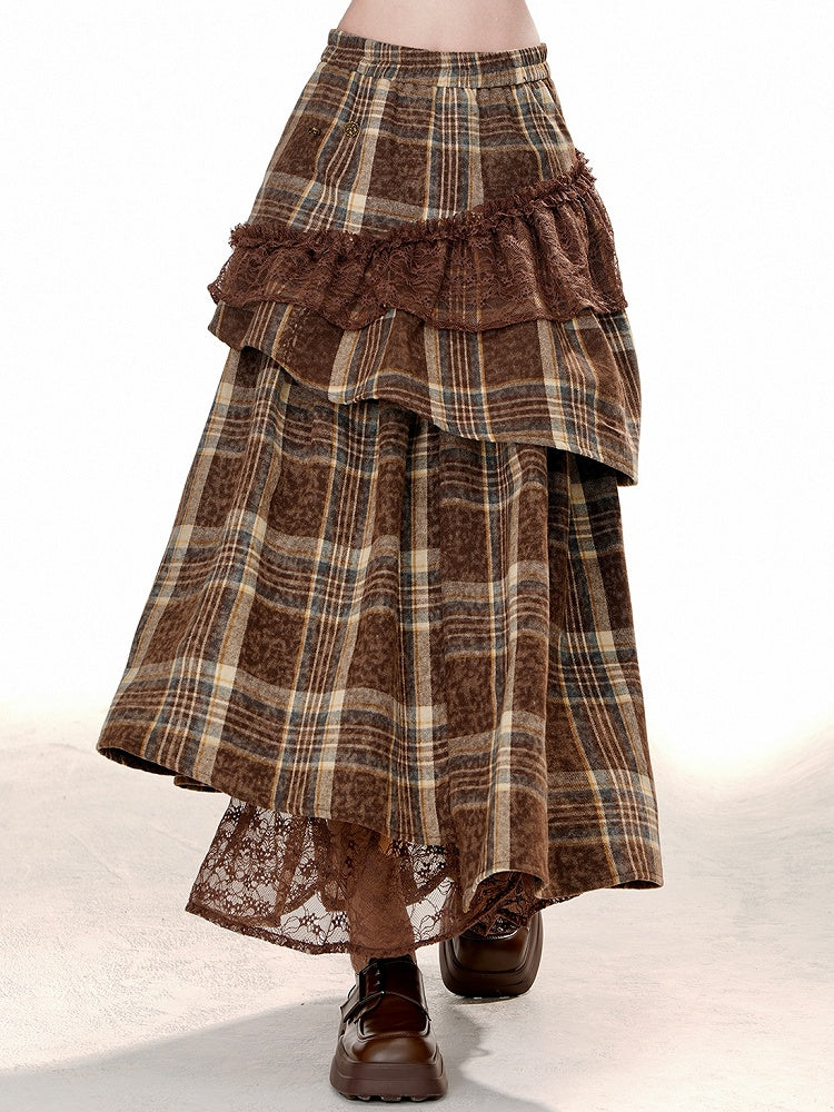Brown Plaid Shirring Waist Lace Patchwork Skirt