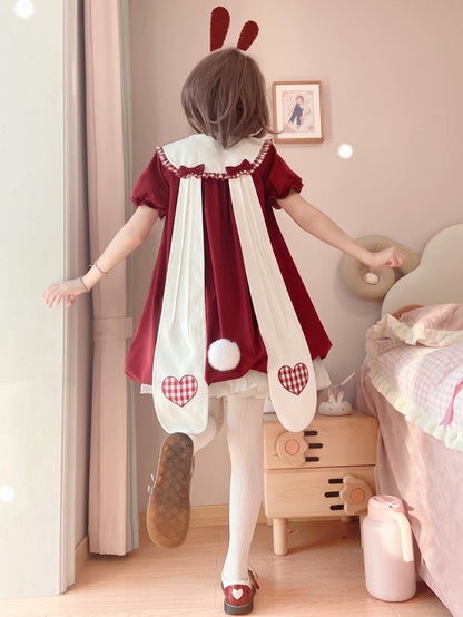 Wine Red Bunny Ears Peter Pan Collar Bubble Skirt Dress