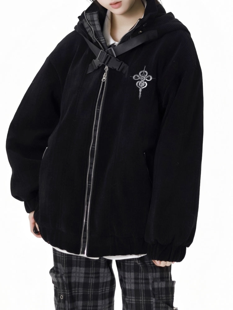 Black Snake Criss-cross Buckle Straps Hooded Jacket