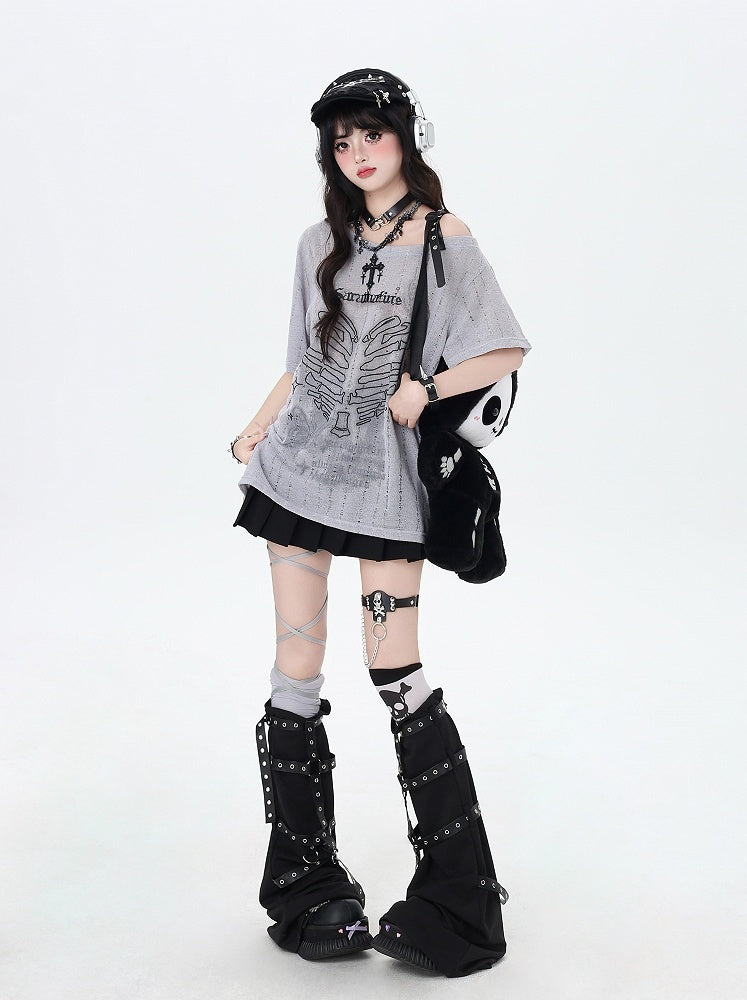 Y2K Asymmetrical Neckline Skeleton Heart Print Black/Gray/White T-Shirt